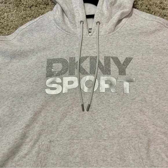 NWT DKNY Sport Women’s Rhinestone Sequin Logo Hoodie Light Gray - Size 2X - Picture 7 of 12